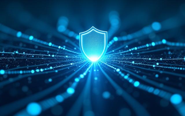 Abstrakte Darstellung von Datenschutz und Datensicherheit mit hell leuchtenden Verbindungslinien und Schutzschild-Symbolen, die Privatsphäre und Vertrauen symbolisieren.