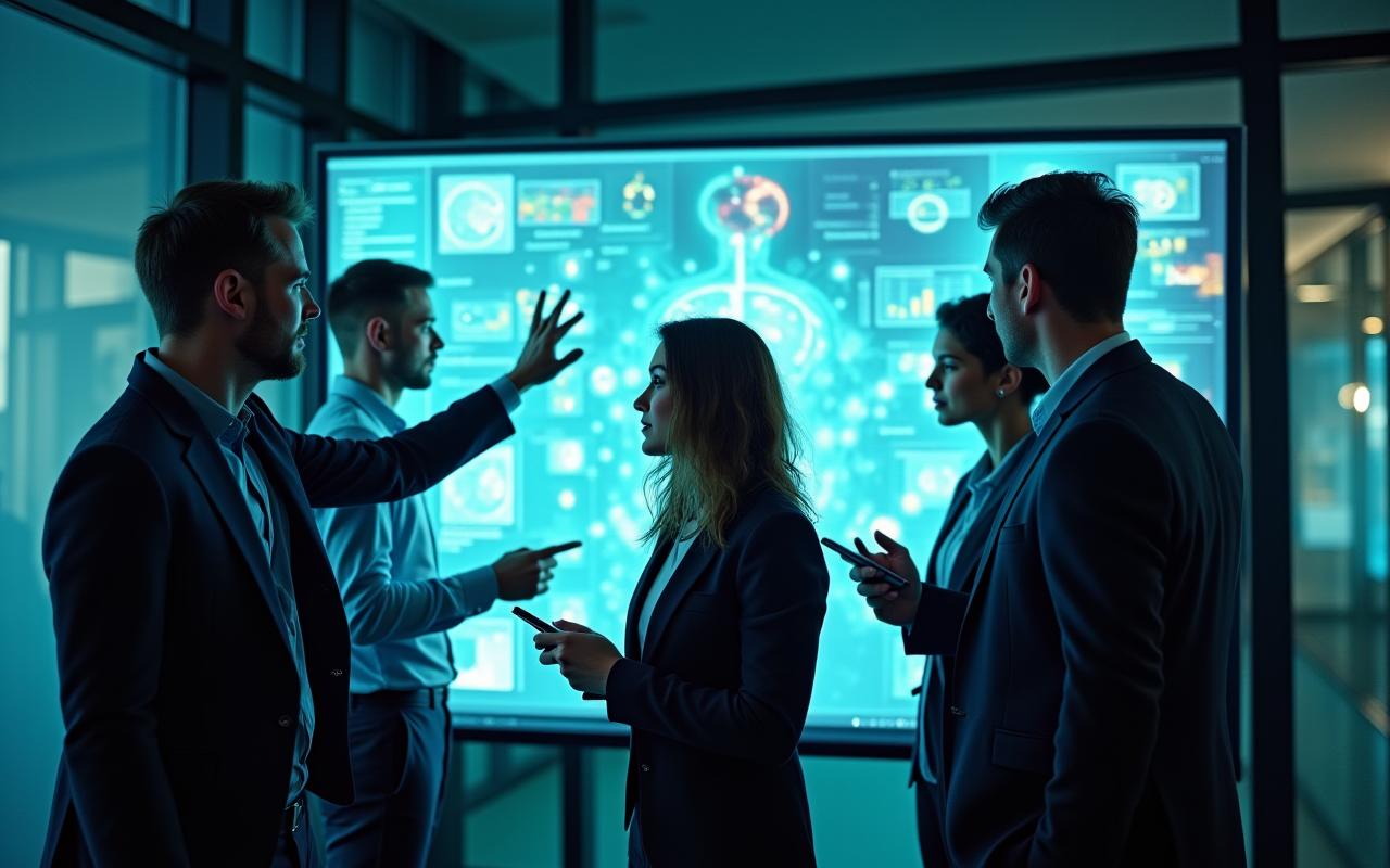 Team arbeitet an Gesundheitsmarketing-Strategie mit Datenvisualisierungen